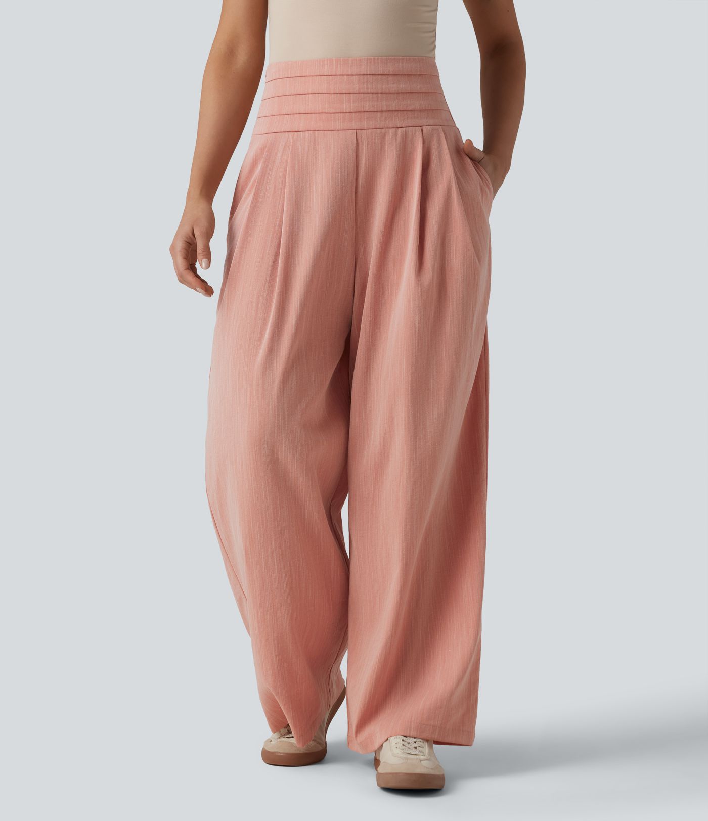 Adjustable Super High Waisted Shirred Wide Leg Casual Linen-Feel Trousers with Pockets