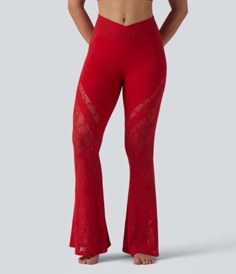 SoftlyZero™ High Waisted Crossover Pocket Contrast Lace Flare Yoga Leggings SoftlyZero™ High Waisted Crossover Pocket Contrast Lace Flare Yoga Leggings