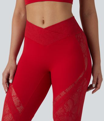 SoftlyZero™ High Waisted Crossover Pocket Contrast Lace Flare Yoga Leggings SoftlyZero™ High Waisted Crossover Pocket Contrast Lace Flare Yoga Leggings