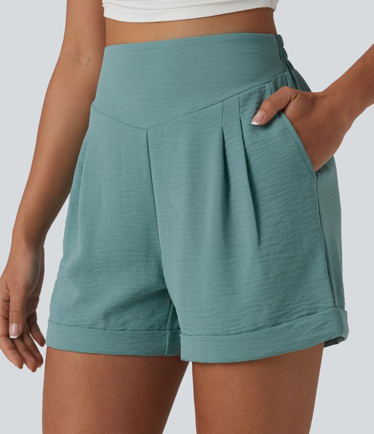 High Waisted Casual Linen-Feel Shorts 4'' with Pockets