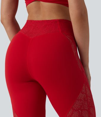 SoftlyZero™ High Waisted Crossover Pocket Contrast Lace Flare Yoga Leggings SoftlyZero™ High Waisted Crossover Pocket Contrast Lace Flare Yoga Leggings