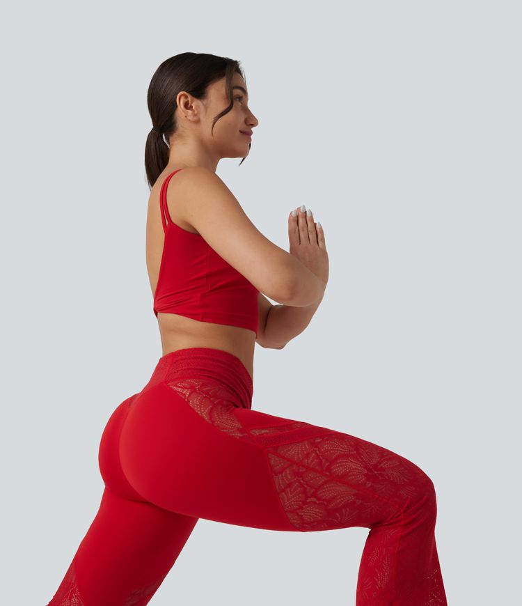 SoftlyZero™ High Waisted Crossover Pocket Contrast Lace Flare Yoga Leggings SoftlyZero™ High Waisted Crossover Pocket Contrast Lace Flare Yoga Leggings