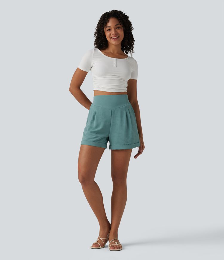 High Waisted Casual Linen-Feel Shorts 4'' with Pockets
