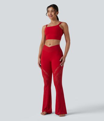 SoftlyZero™ High Waisted Crossover Pocket Contrast Lace Flare Yoga Leggings SoftlyZero™ High Waisted Crossover Pocket Contrast Lace Flare Yoga Leggings