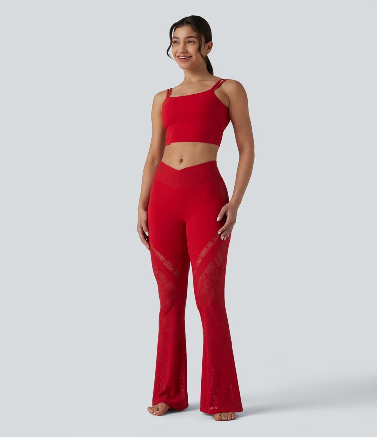 SoftlyZero™ High Waisted Crossover Pocket Contrast Lace Flare Yoga Leggings SoftlyZero™ High Waisted Crossover Pocket Contrast Lace Flare Yoga Leggings