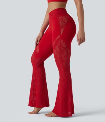 SoftlyZero™ High Waisted Crossover Pocket Contrast Lace Flare Yoga Leggings SoftlyZero™ High Waisted Crossover Pocket Contrast Lace Flare Yoga Leggings