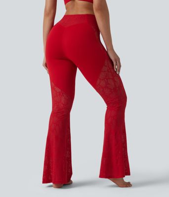 SoftlyZero™ High Waisted Crossover Pocket Contrast Lace Flare Yoga Leggings SoftlyZero™ High Waisted Crossover Pocket Contrast Lace Flare Yoga Leggings