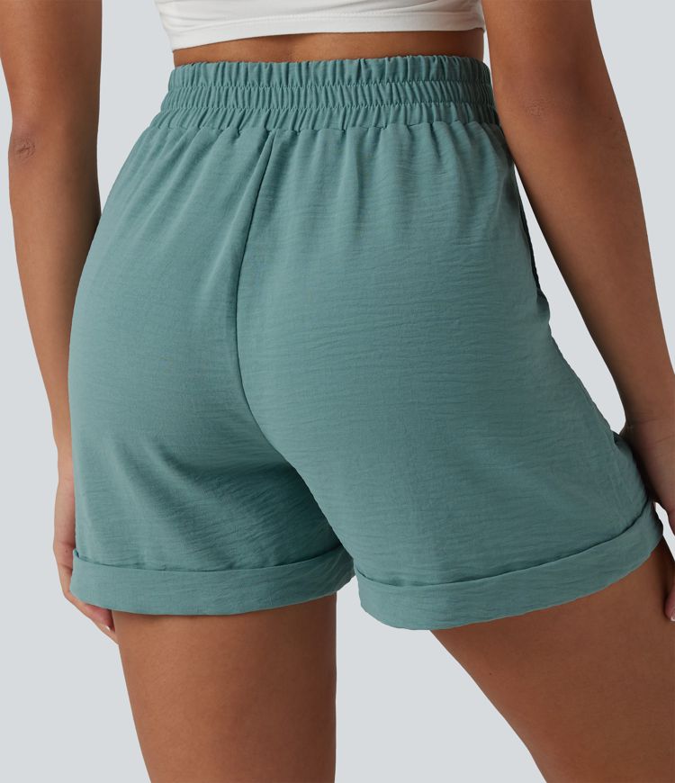 High Waisted Casual Linen-Feel Shorts 4'' with Pockets