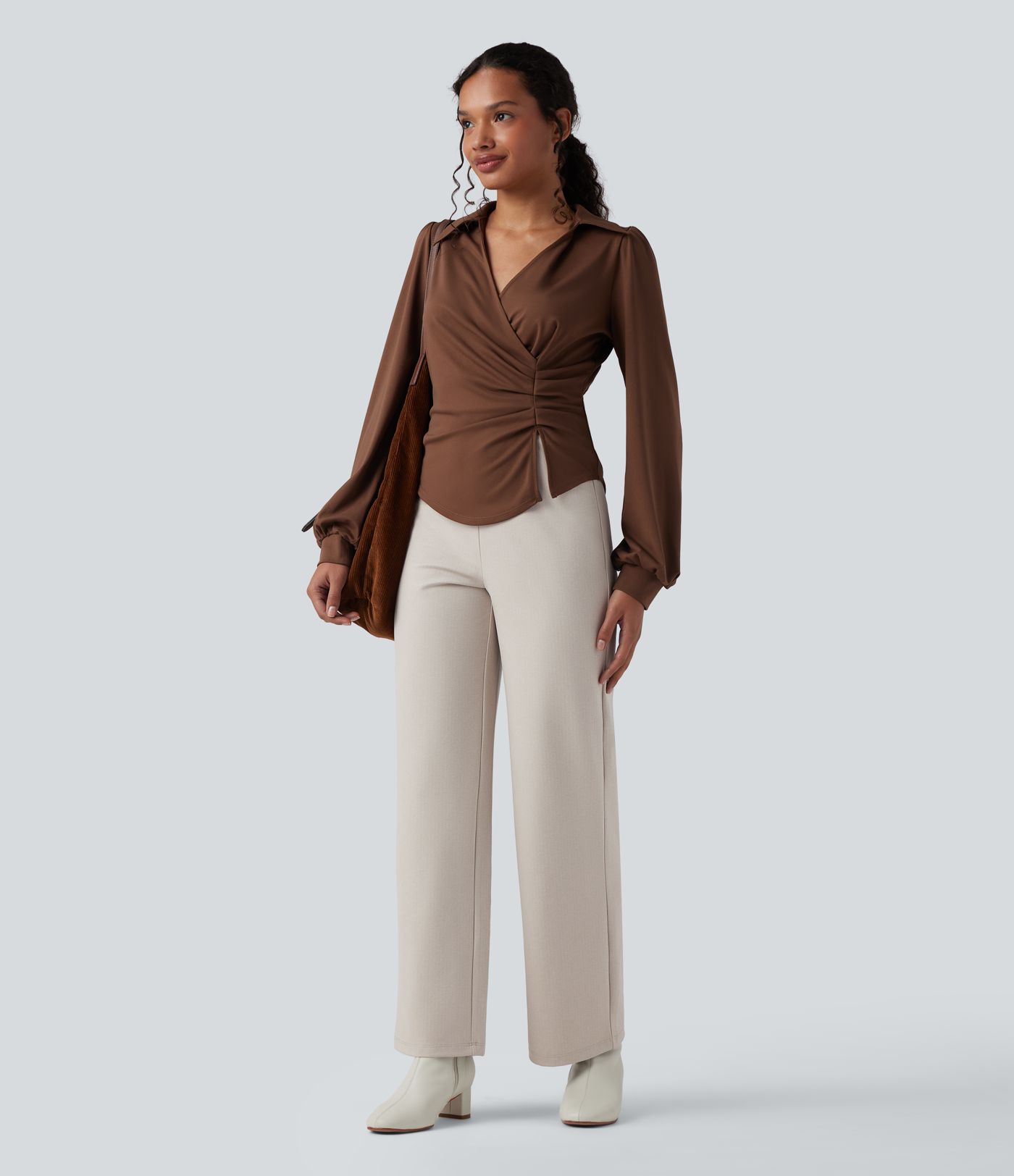 Halara Flex™ - Stoffhose mit hohem V-förmigem Bund, Fischgrätenmuster und weitem Bein