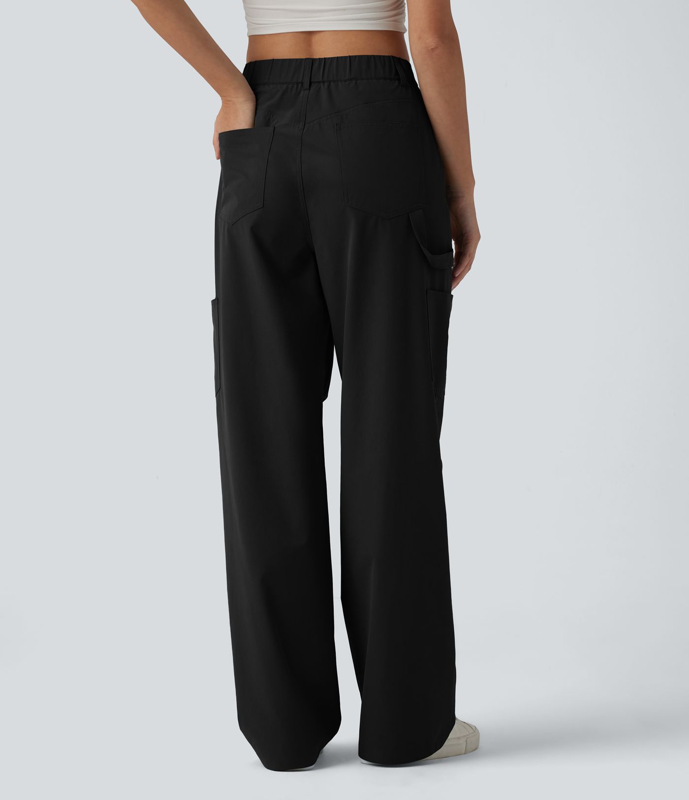 Pantalon cargo casual en popeline extensible coupe droite taille haute avec poches Pantalon cargo casual en popeline extensible coupe droite taille haute avec poches