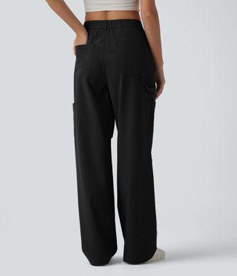 Pantalon cargo casual en popeline extensible coupe droite taille haute avec poches Pantalon cargo casual en popeline extensible coupe droite taille haute avec poches