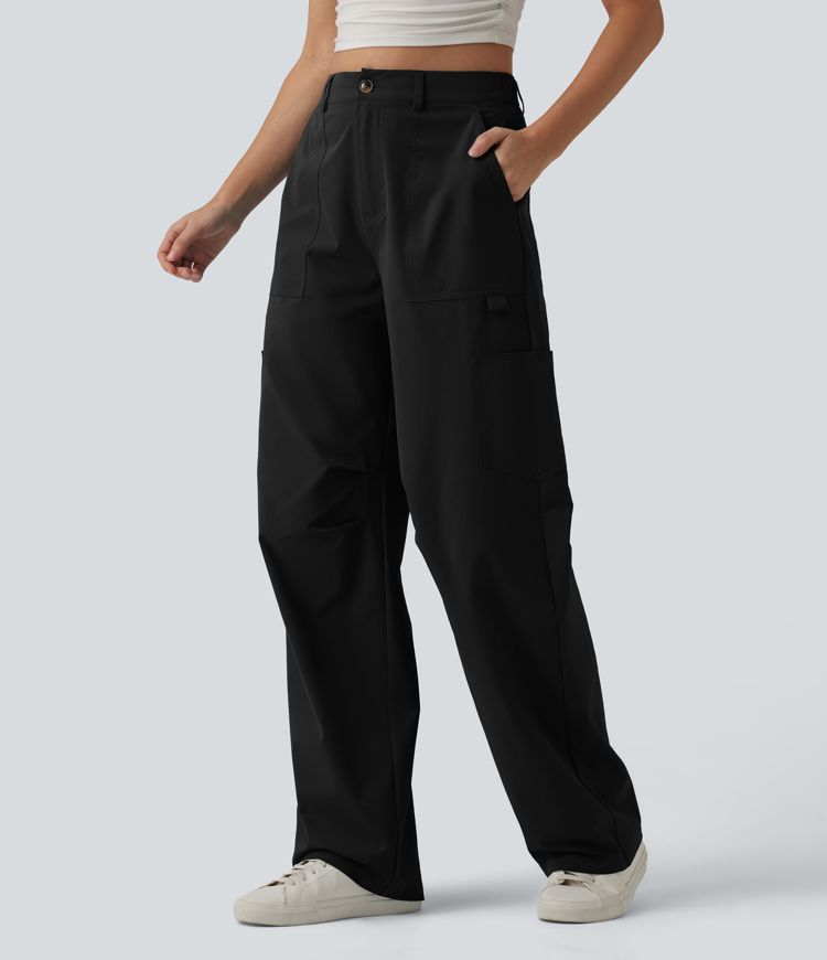 Pantalon cargo casual en popeline extensible coupe droite taille haute avec poches Pantalon cargo casual en popeline extensible coupe droite taille haute avec poches