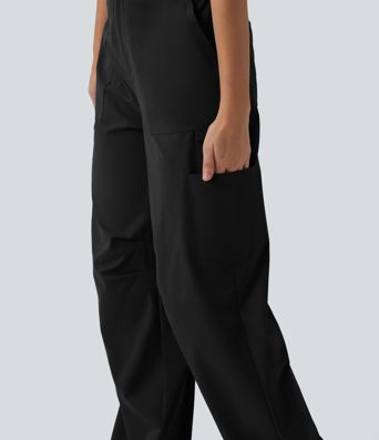 Pantalon cargo casual en popeline extensible coupe droite taille haute avec poches Pantalon cargo casual en popeline extensible coupe droite taille haute avec poches