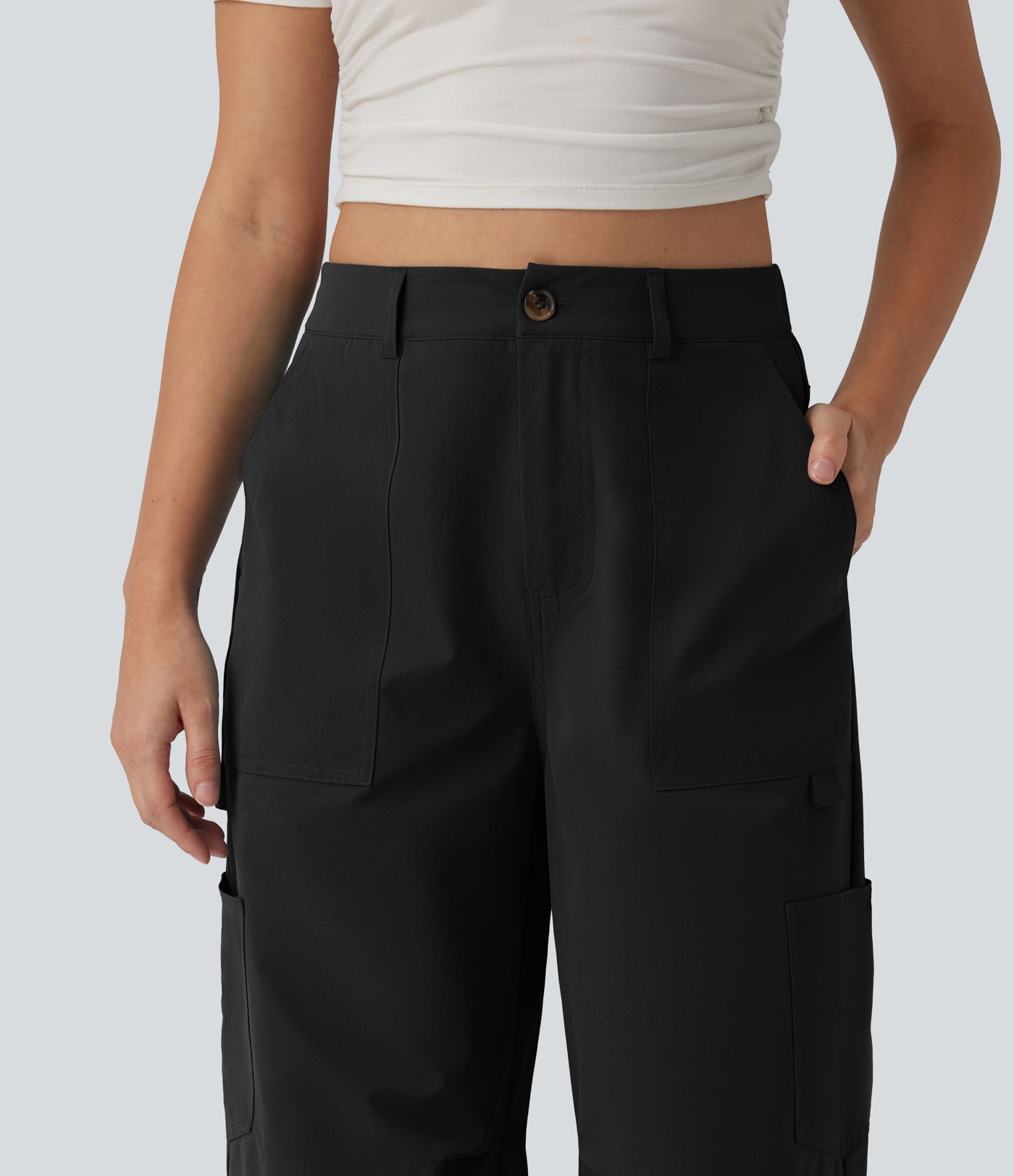 Pantalon cargo casual en popeline extensible coupe droite taille haute avec poches Pantalon cargo casual en popeline extensible coupe droite taille haute avec poches