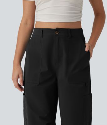 Pantalon cargo casual en popeline extensible coupe droite taille haute avec poches Pantalon cargo casual en popeline extensible coupe droite taille haute avec poches