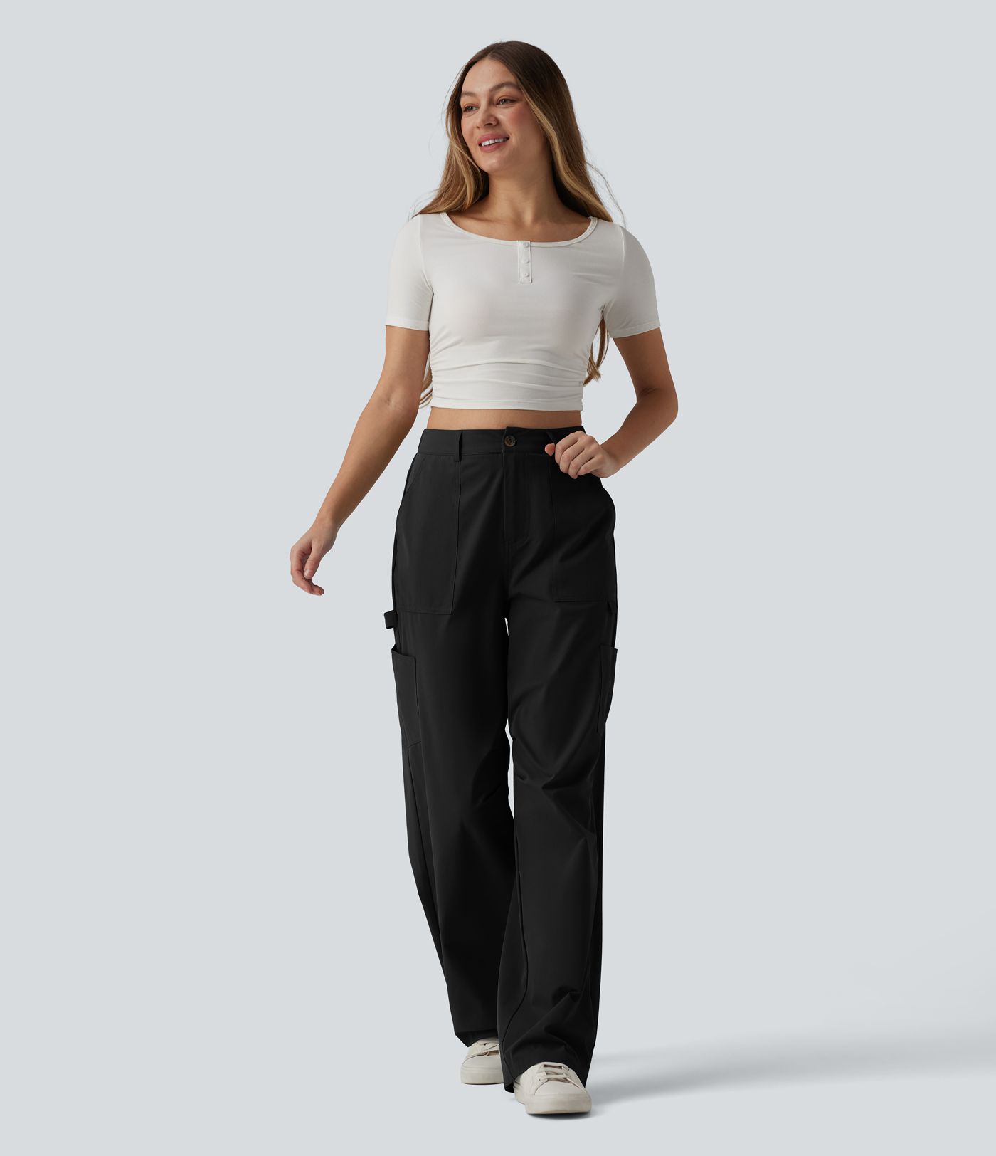 Pantalon cargo casual en popeline extensible coupe droite taille haute avec poches Pantalon cargo casual en popeline extensible coupe droite taille haute avec poches