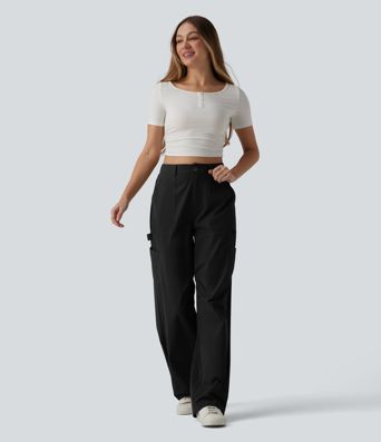 Pantalon cargo casual en popeline extensible coupe droite taille haute avec poches Pantalon cargo casual en popeline extensible coupe droite taille haute avec poches