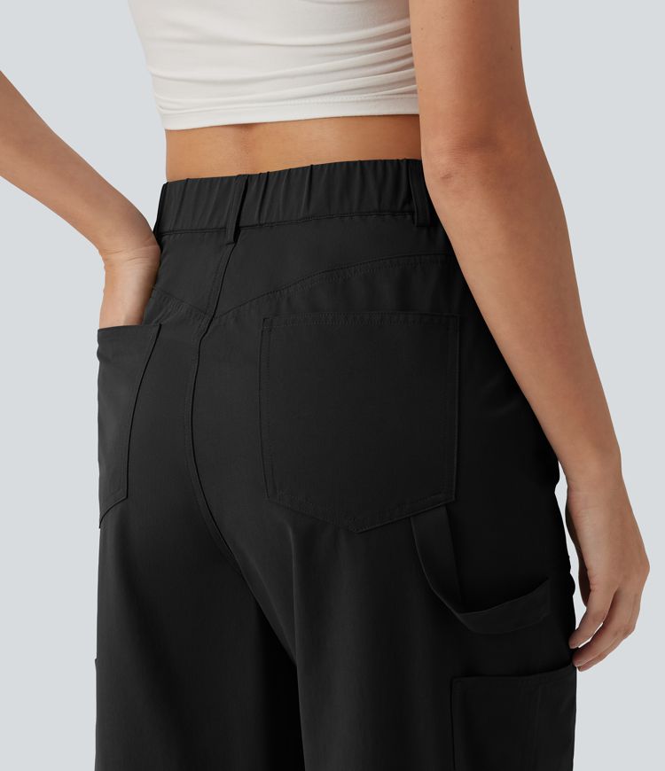 Pantalon cargo casual en popeline extensible coupe droite taille haute avec poches Pantalon cargo casual en popeline extensible coupe droite taille haute avec poches