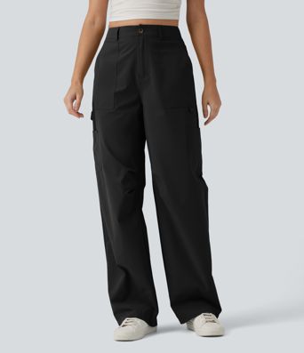 Pantalon cargo casual en popeline extensible coupe droite taille haute avec poches Pantalon cargo casual en popeline extensible coupe droite taille haute avec poches