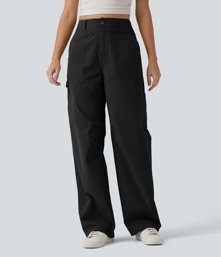 Pantalon cargo casual en popeline extensible coupe droite taille haute avec poches Pantalon cargo casual en popeline extensible coupe droite taille haute avec poches