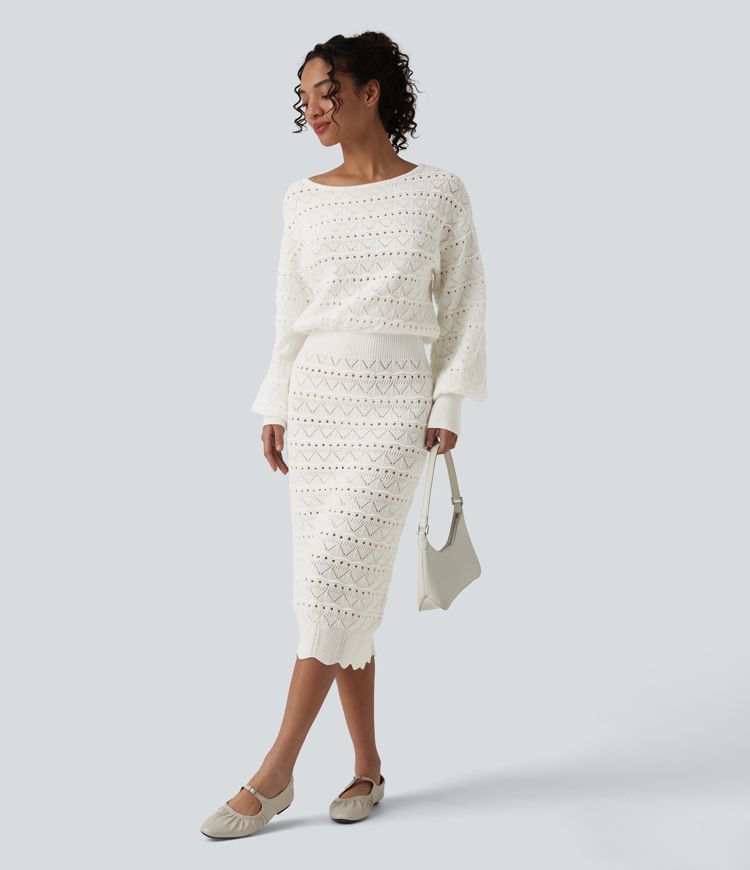 Boat Neck Long Sleeve Midi Casual Sweater Dress