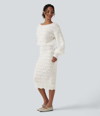 Boat Neck Long Sleeve Midi Casual Sweater Dress