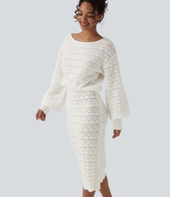 Boat Neck Long Sleeve Midi Casual Sweater Dress