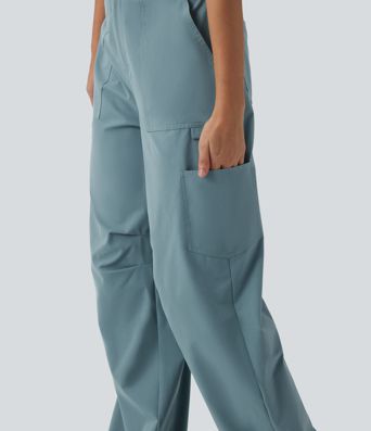 High Waisted Straight Leg Stretchy Poplin Casual Cargo Trousers with Pockets