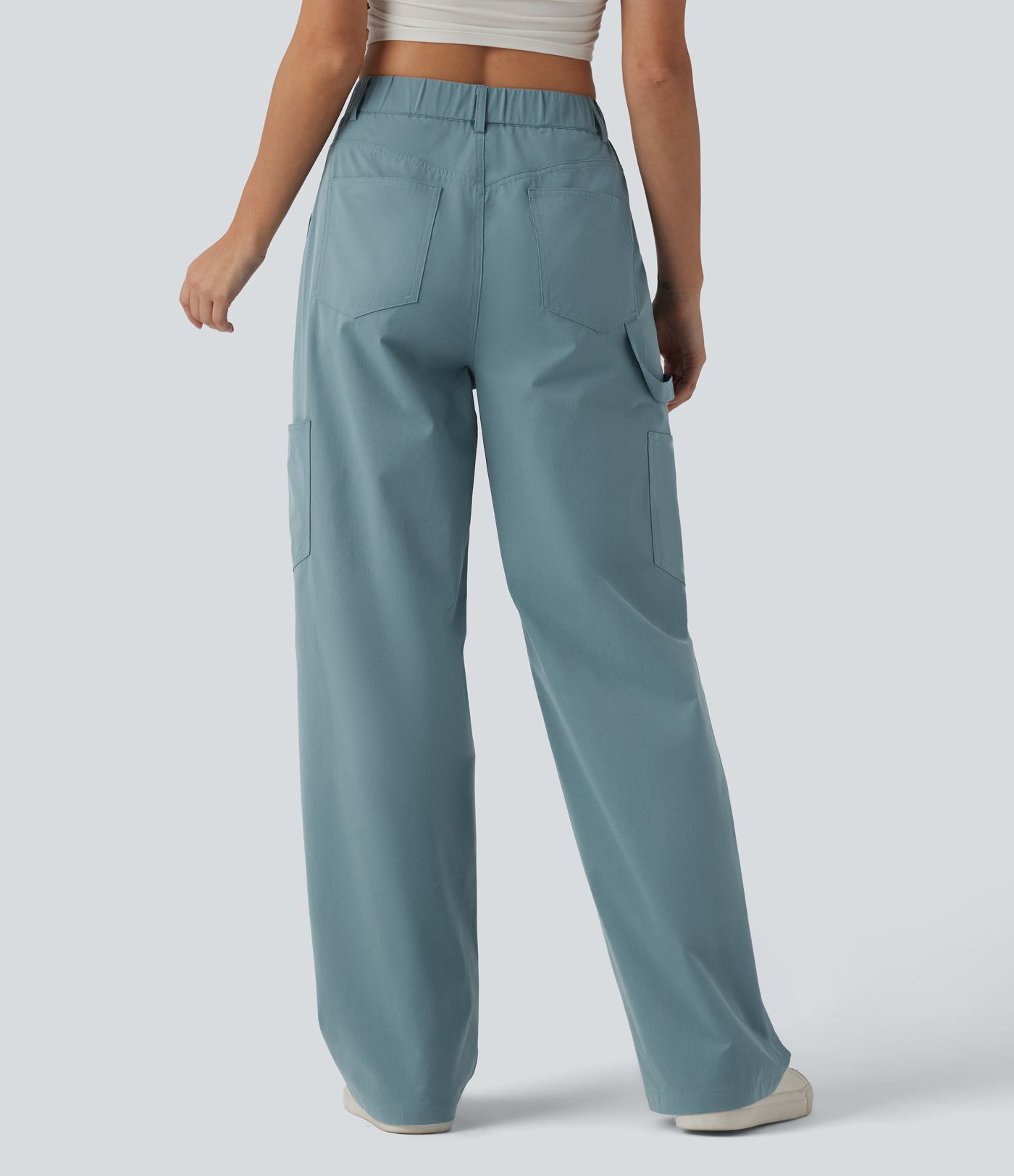 High Waisted Straight Leg Stretchy Poplin Casual Cargo Trousers with Pockets