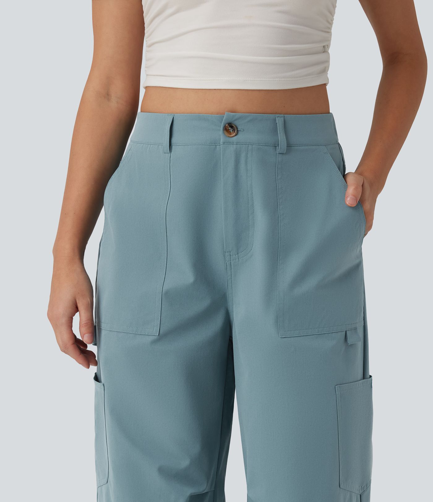 High Waisted Straight Leg Stretchy Poplin Casual Cargo Trousers with Pockets