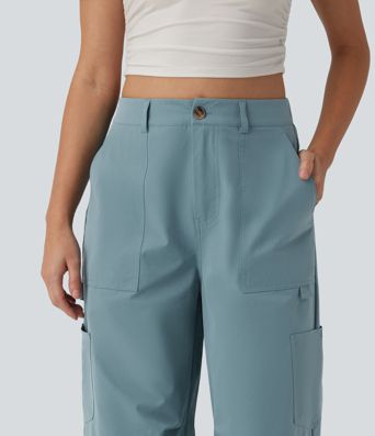 High Waisted Straight Leg Stretchy Poplin Casual Cargo Trousers with Pockets