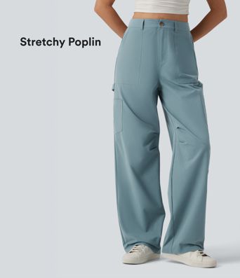 High Waisted Straight Leg Stretchy Poplin Casual Cargo Trousers with Pockets