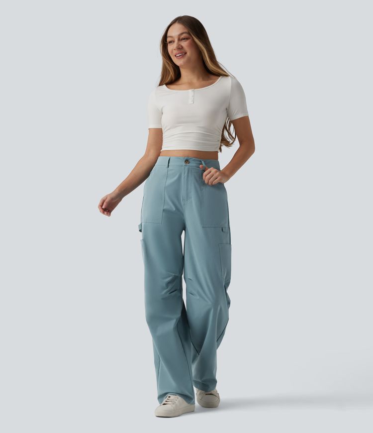 High Waisted Straight Leg Stretchy Poplin Casual Cargo Trousers with Pockets