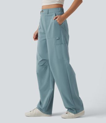 High Waisted Straight Leg Stretchy Poplin Casual Cargo Trousers with Pockets