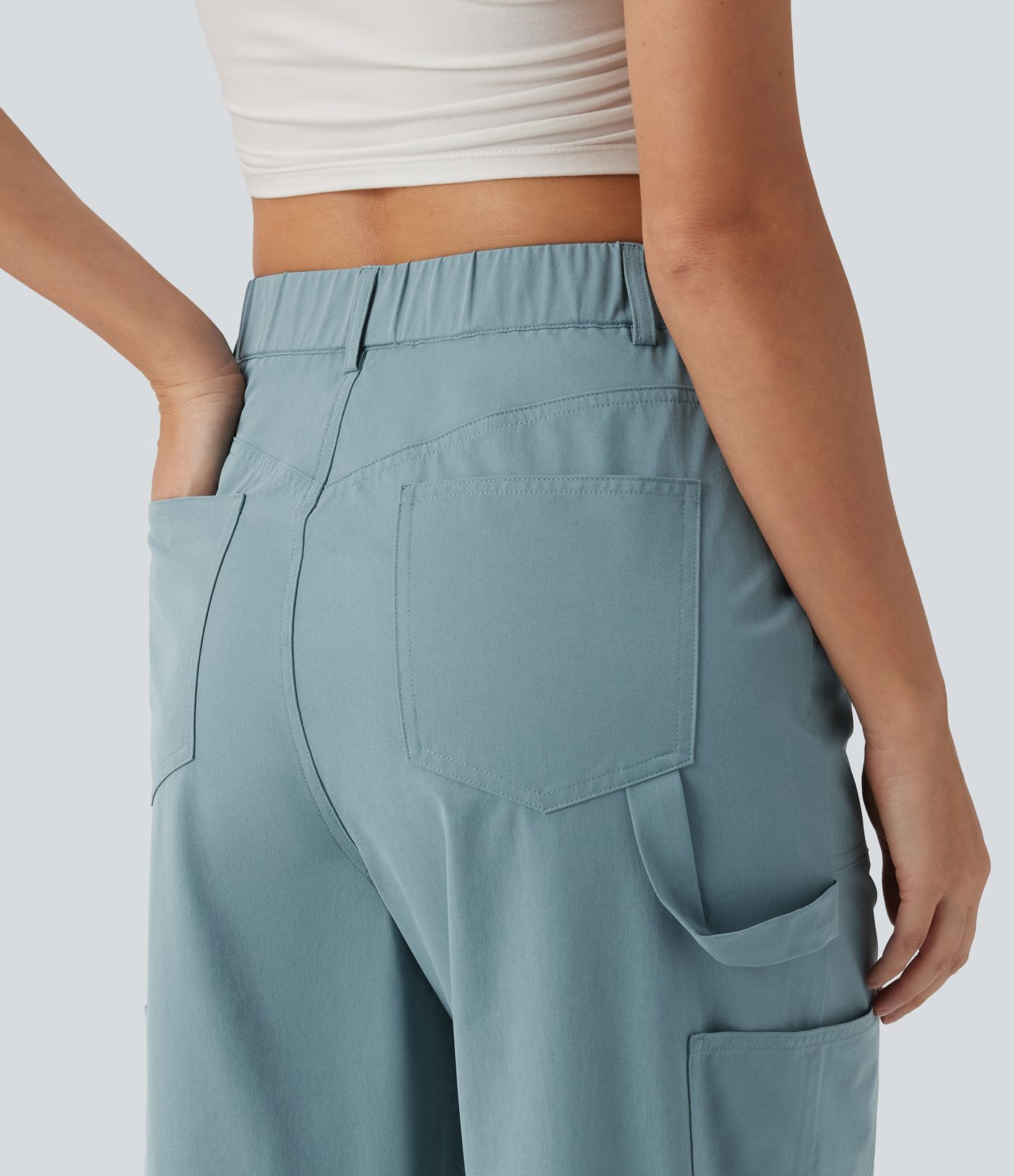 High Waisted Straight Leg Stretchy Poplin Casual Cargo Trousers with Pockets