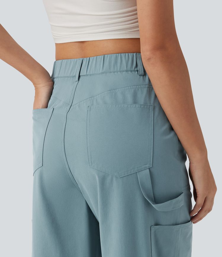 High Waisted Straight Leg Stretchy Poplin Casual Cargo Trousers with Pockets