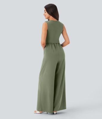 V Neck Sleeveless Ruched Pocket Jumpsuit-Easy Peezy
