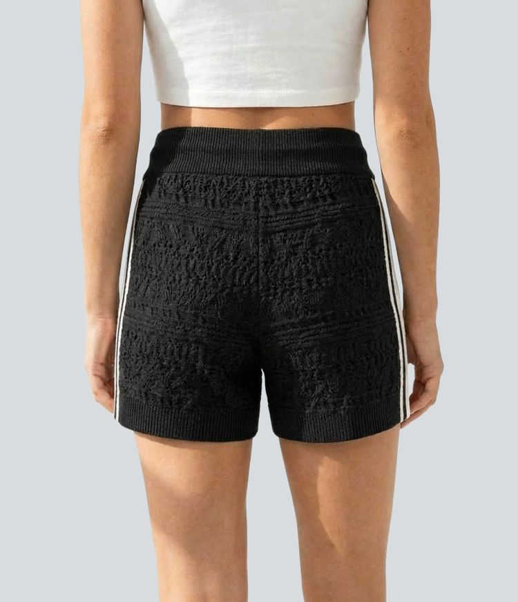 Mid Rise Drawstring Sweater Knit Stripe Shorts with Pockets