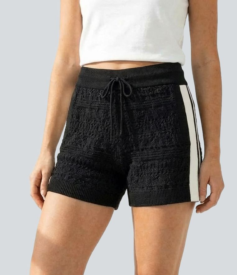 Mid Rise Drawstring Sweater Knit Stripe Shorts with Pockets