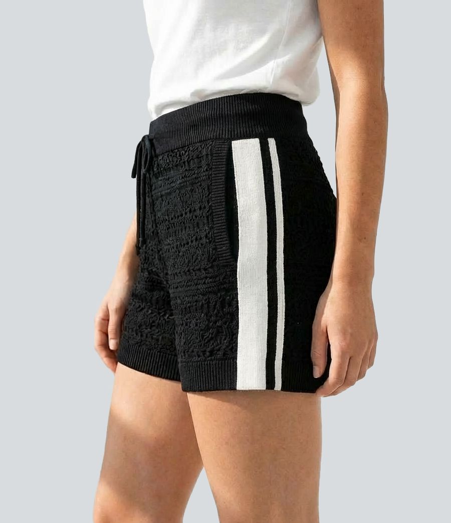Mid Rise Drawstring Sweater Knit Stripe Shorts with Pockets