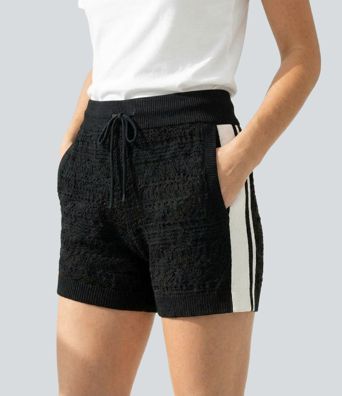 Mid Rise Drawstring Sweater Knit Stripe Shorts with Pockets