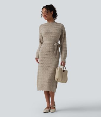 Long Sleeve Belted Midi Casual Sweater Dress
