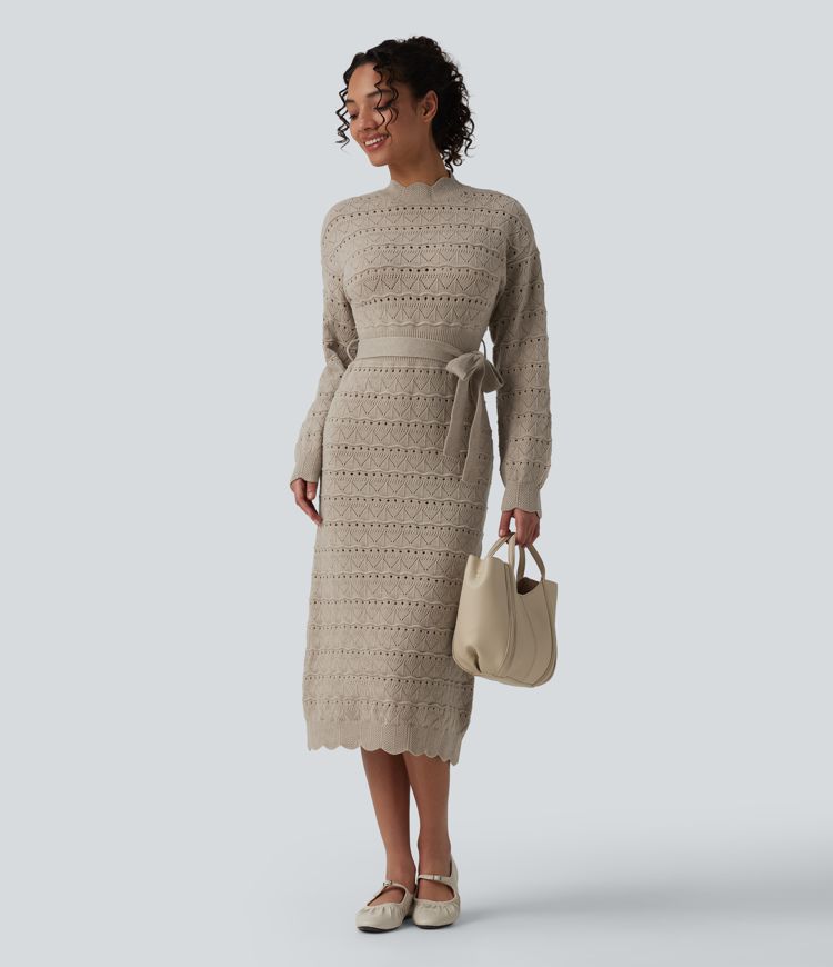 Long Sleeve Belted Midi Casual Sweater Dress