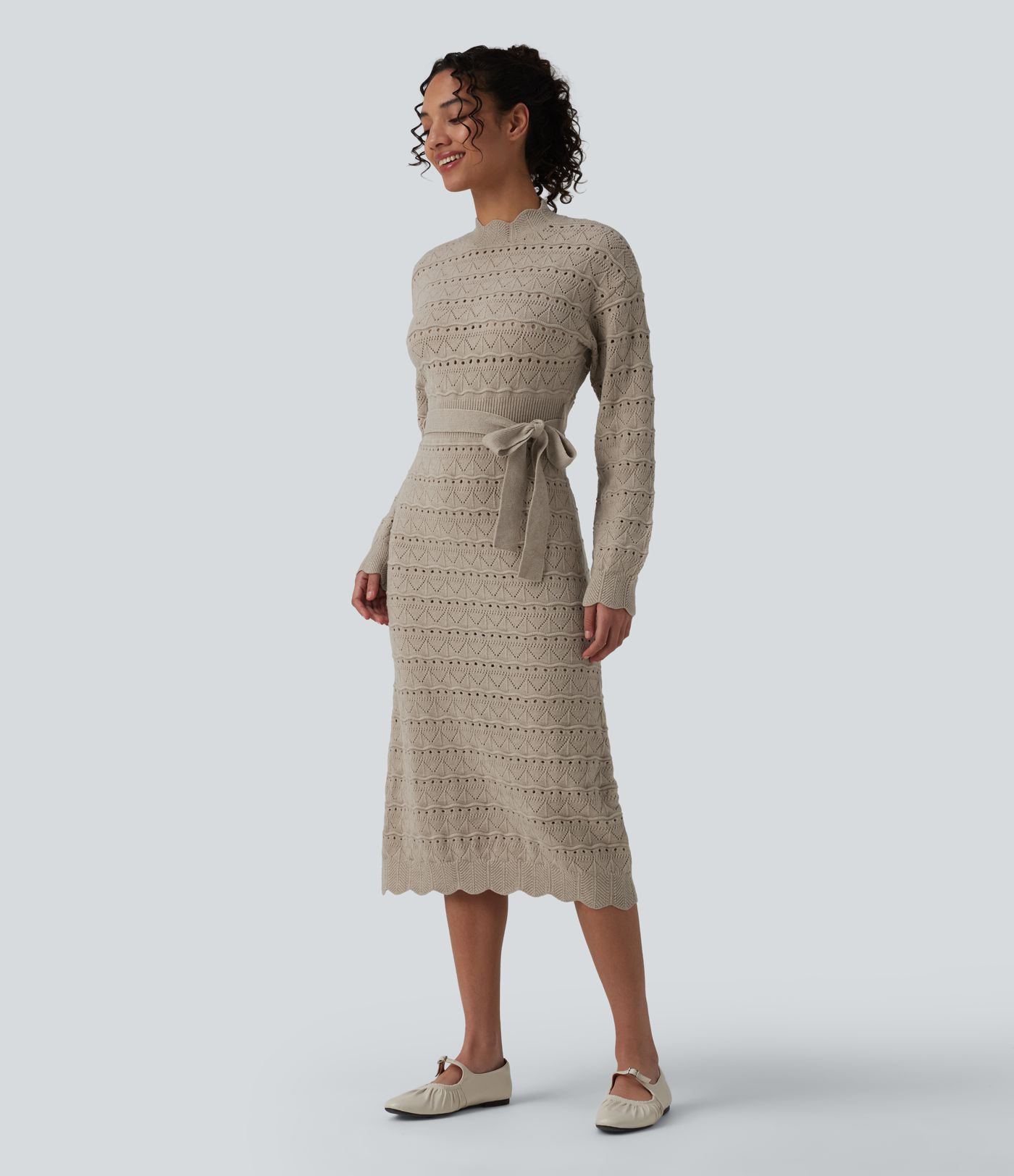 Long Sleeve Belted Midi Casual Sweater Dress