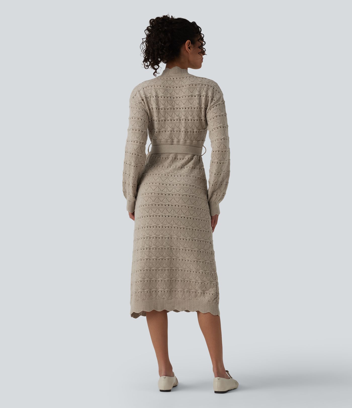 Long Sleeve Belted Midi Casual Sweater Dress