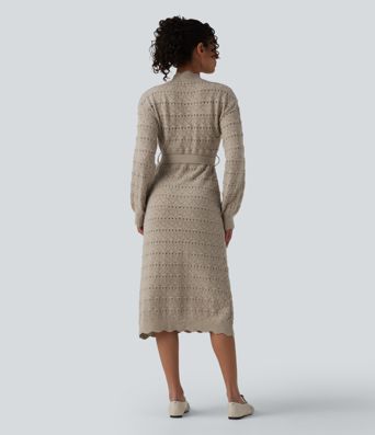 Long Sleeve Belted Midi Casual Sweater Dress