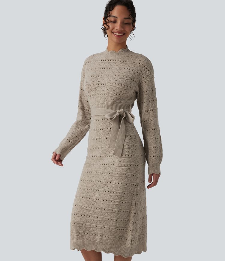 Long Sleeve Belted Midi Casual Sweater Dress