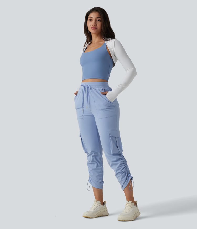 SoftlyZero™ Airy Mid Rise Drawstring Cool Touch Workout Cargo Trousers with Pockets-UPF50+