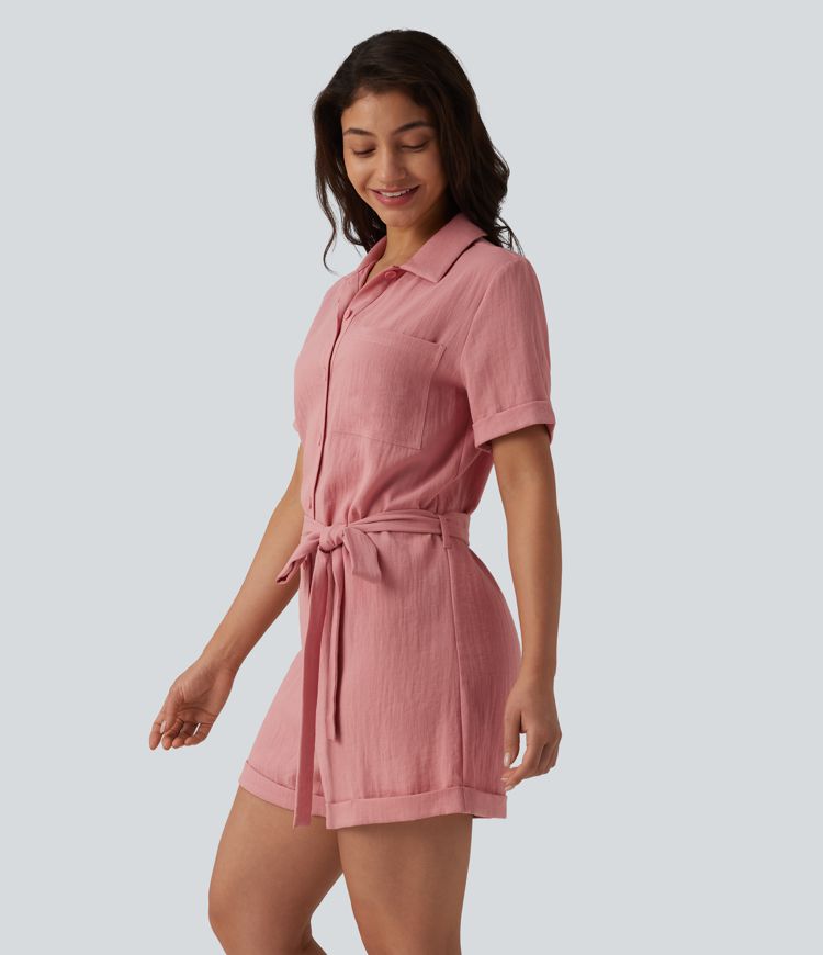 Short Sleeve Belted Linen-Feel Shirt Romper with Pocket