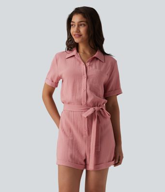 Short Sleeve Belted Linen-Feel Shirt Romper with Pocket